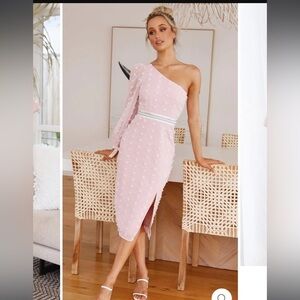 Jaus Alira Midi Dress Blush NWT size XS One Shoulder Textured Belted